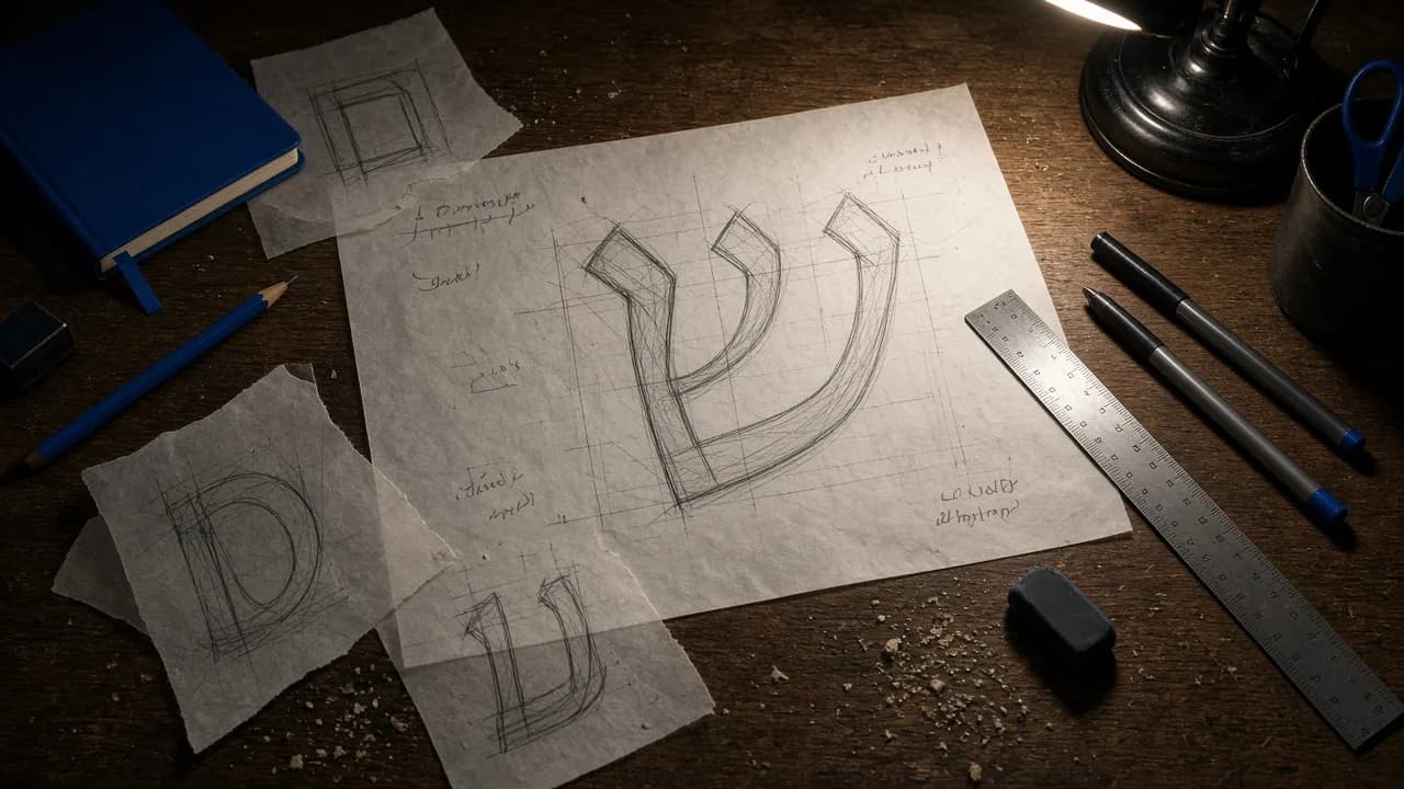 סקיצת עיפרון של האות ש׳ עם קווי בנייה על שולחן של מעצב אותיות