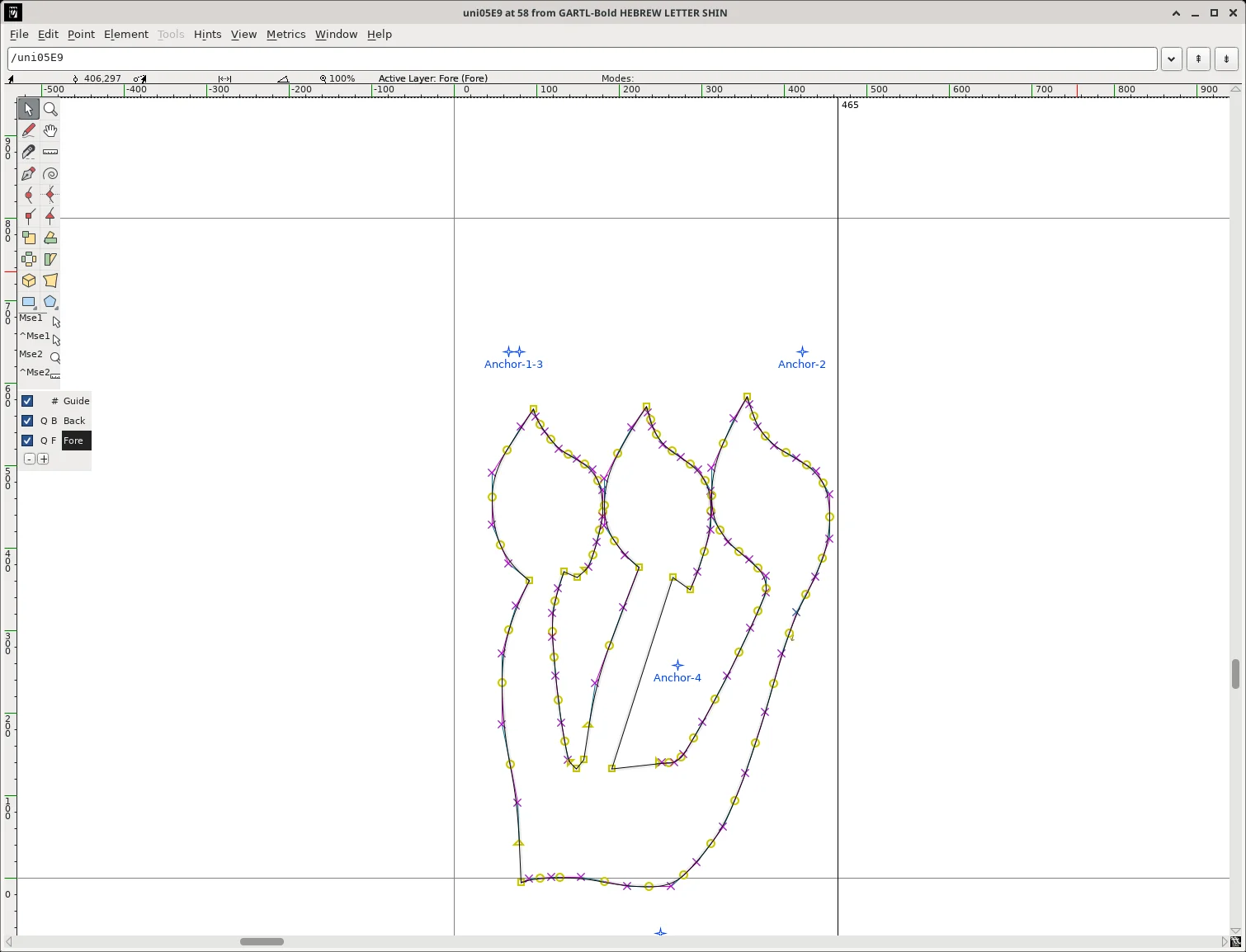 עורך קווי המתאר של FontForge מציג את האות ש מגרטל בולד עם כל הנקודות